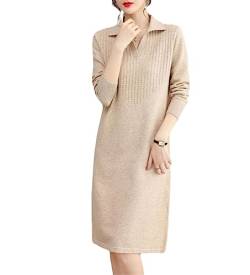 Oversize Frauen Stricken Pullover Kleid Für Frühling Herbst Casual Drehen Kragen Pullover Solide Patchwork Dünne Kleider beige L von Fjnbbiot