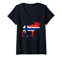 Damen NORGE Elch mit Norwegen Flagge T-Shirt mit V-Ausschnitt von Fjordblick