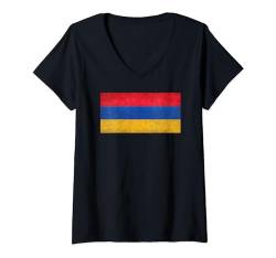 Damen Armenische Flagge im Grungy-Stil T-Shirt mit V-Ausschnitt von Flags and Symbols