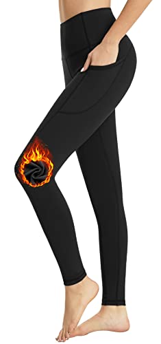 Flatik Damen Fleece Winter Thermo Leggings, Damen Sport Leggings Winter Hohe Taille Fleece Gefüttert Blickdicht Bauchkontrolle Yogahose Sporthose mit Taschen L von Flatik