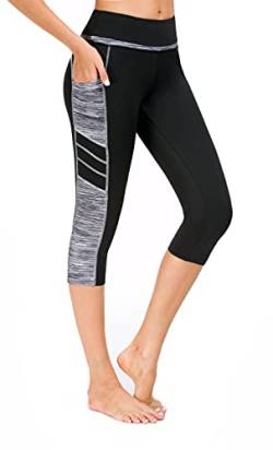 Flatik Damen Netzoberfläche Sport Gym Yoga Laufen Fitness Leggings Hose, Schwarz Grau(3/4 Capri), M von Flatik