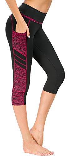 Flatik Damen Netzoberfläche Sport Gym Yoga Laufen Fitness Leggings Hose, Schwarz Rot(3/4 Capri), M von Flatik