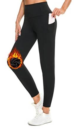 Flatik Sport Leggins Damen Fleece Damen Winter Thermo Leggings, Damen Laufhose Thermohose Winterhose,Mit Fleece gefüttert und Taschen L von Flatik