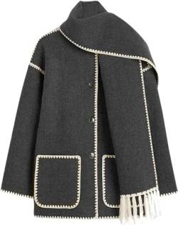 Fledimo Damen Schal Jacke bestickt übergroße Wollmischung Mantel Button Down Winter Oberbekleidung mit Quaste Schal, dunkelgrau, L von Fledimo