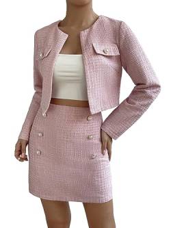 Floerns Damen 2-teiliges Outfits Plaid Tweed Blazer Langarm Jacke und Rock Set, rosa - dusty pink, Mittel von Floerns