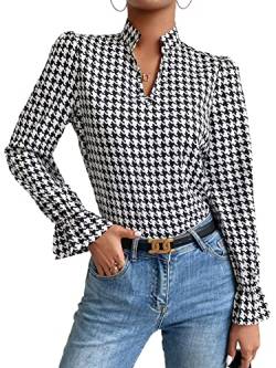 Floerns Damen Bluse mit Hahnentrittmuster, gekerbter Ausschnitt, langärmelig, lässig, Bluse, schwarz / weiß, Mittel von Floerns