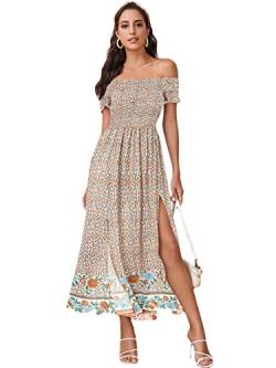 Floerns Damen Boho Blumendruck Schulterfrei Split Lang A Linie Kleid, Mehrfarbiges Blumenmuster, Mittel von Floerns