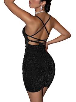 Floerns Damen Criss Cross Tie Rückenfrei Glitzer Kleid Bodycon Party Mini Cami Kleid, Schwarz, Klein von Floerns