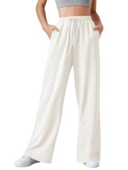 Floerns Damen Herbst Kordelzug Hohe Taille Weites Bein Hosen Sweatpants, Weiss/opulenter Garten, M von Floerns