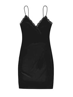 Floerns Damen Spaghettiträger Samt Spitzenbesatz Bodycon Cami Minikleid, schwarz, Klein von Floerns