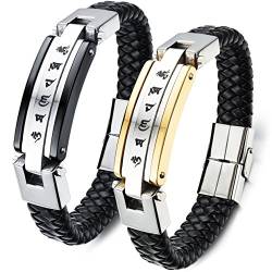 Flongo 2 PCS Edelstahl Echtleder Armband Armreifen Manschette Gold Silber Schwarz Tibetischen Mantra Amulett Geflochten Punk Rock Motorradfahrer Biker Herren von Flongo