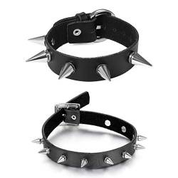 Flongo 2 Stück Choker Tattoo Kette Lederarmband Set Lederhalsband Damen Herren Halskette Gotik Halsband Schwarz Silber mit Spitz Niete Nieten Verstellbar Punk Rock Schmuckset von Flongo