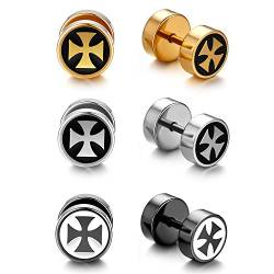 Flongo 3 Paare Damen Ohrringe Set 8mm fake tunnel mit Kreuz Illusion Ohrstecker Edelstahl Kruzifix Gestüt Ohrringe kreis verjüngt Cheater earrings plugs Ohrschmuck männer herren Silber Gold Schwarz von Flongo