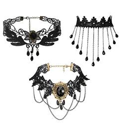 Flongo 3 Stück Gothic Choker Halsband Set Halloween Schmuck schwarz gold mit Spitze Lace Viktorianisch Halsketten Damen Kette für Fasching Party Konstüm Sexy Mädchen Frauen hexen zubehör von Flongo