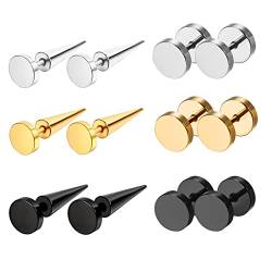 Flongo 6 Paar Ohrringe Set Fake Plug Fake Tapers 8mm aus chirurgische 316L Edelstahl Dehnstab spike spitze Fake tunnel Kegel punk Ohrstecker Gestüt Piercing für Damen Herren gold silber schwarz von Flongo