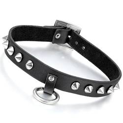 Flongo Choker Tattoo Kette Lederhalsband Damen Herren Halskette Gotik Halsband Schmuck Schwarz Silber Spikes Ahle Taper Nieten Einstellbar Verstellbaren Punk Rock von Flongo