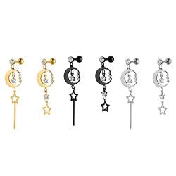 Flongo Damen Asymmetrische Ohrringe Ohrstecker Creolen Ohrhänger in Silber Gold Schwarz Stecker mit hängenden Stern Anhänger für Frauen 3 Paar Set von Flongo