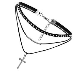 Flongo Damen Choker Halskette Leder Samt Halsband Velvet schwarz mit Silber Kreuz Cross Anhänger Punk Gothic Kette Lederband Verstellbar für Mädchen Herren Frauen Halloween Kleid Kostüm von Flongo