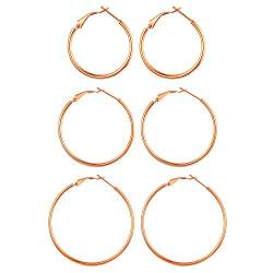 Flongo Damen Groß Ohrringe 3 Paar Set Gestüt Reifen Huggie Ohrringe Creolen Rose Gold große Runden Poliert Chic Elegant Damen Frauen von Flongo