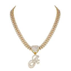 Flongo Damen Kette Gold Halskette: Iced Out Cuban link Chain Kuban Plattenkette Statement panzerkette modeschmuck Frauen Choker hip hop schmuck Ketten mit A Anhänger Geschenk für Herren Mädchen von Flongo