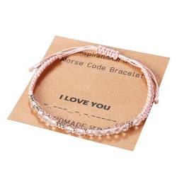 Flongo Damen Morsecode Armband Pink: Perlen Armkette BFF Morse Code Perlenarmband mit Geflochten Paar armbänder Geschenk für best Freund Freundin Mutter Tocher Männer Frauen von Flongo