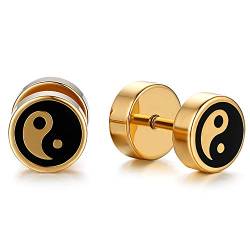 Flongo Damen Ohrringe 8mm Edelstahl Fake Tunnel mit Tai chi Yin Yang Illusion Ohrstecker Männer Gestüt Piercing Cheater Faux Fakeplugs Hanteln Ohrschmuck Silber Gold Schwarz mit Schaubverschluss von Flongo