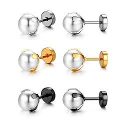 Flongo Damen Ohrringe Ohrstecker, 6/8mm Edelstahl Gestüt Stecker Ohrringe Ohrstecker Ohrhänger Silber Gold Schwarz Weiß Kugel Perle Perlen Elegant Set (3 Paar) Frauen von Flongo