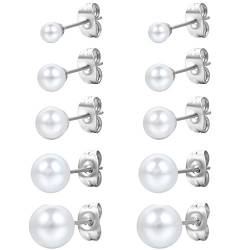 Flongo Damen Perlen Ohrringe Ohrstecker 4~8mm 10 Stück Edelstahl Gestüt Stecker Ohrringe Ohrstecker Ohrhänger Silber Weiss Kugel Perle Perlen Charm Charme Elegant Set (5 Paar) Damen von Flongo