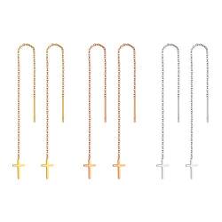 Flongo Damen Stäbchen Durchzieher Ohrringe Lange Quaste Einfädler Ohrringe Frauen Ohrhänger Ohrstecker Ohrkette Ohrseil mit Kreuz Anhänger Silber Gold Rosegold 3 Stück Set von Flongo