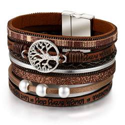 Flongo Damen Wickelarmband Multilayer Armband Boho Lederarmband mit Perlen Lebensbaum Magnetverschluss für Frauen Mädchen von Flongo