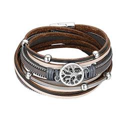 Flongo Damenarmband Frauen Armband Damen Lederarmband, Metall Leder Armband Armreif Geflochten Lederband Baum des Lebens Tree of Life Grau Braun Surfer Wickelarmband von Flongo