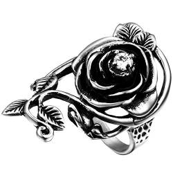 Flongo Damenring Frauen Ringe Vintage Rose Blume Edelstahl Band Ring Silber Schwarz Hochzeit Engagement Versprechen Liebe Anniversary Größe 62mm von Flongo