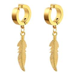 Flongo Fake Ohrringe ohne loch: Damen Huggie Hoop Feder ohrclips gold Creolen ohne ohrloch Feather Non-Pierced Ohrklemme Ohr Clips Earrings Gothic Edelstahl wikinger Schmuck Geschenk Frauen Herren von Flongo