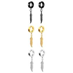 Flongo Fake Ohrringe ohne loch: Damen Huggie Hoop Feder ohrclips schwarz gold silber Creolen ohne ohrloch Feather Ohrklemme Ohr Clips Earrings Gothic Edelstahl wikinger Schmuck Geschenk Frauen Herren von Flongo