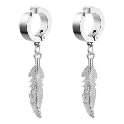 Flongo Fake Ohrringe ohne loch: Damen Huggie Hoop Feder ohrclips silber Creolen ohne ohrloch Feather Non-Pierced Ohrklemme Ohr Clips Earrings Gothic Edelstahl wikinger Schmuck Geschenk Frauen Herren von Flongo