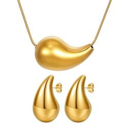 Flongo Gold Tropfen Ohrringe Halskette: 18K Dupes chunky Ohrstecker Damen Drop statement Earrings mit golden charm Kette vergoldet Wassertropfen Anhänger dick Schmuckset Geschenk für Frauen Mädchen von Flongo