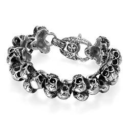 Flongo Herren Armband, Edelstahl Groß Breit Armband Armreif Armkette Silber Schwarz Totenkopf Schädel Kugel Perle Perlen Punk Biker Gotik Herren Kette Schmuck Accessoires von Flongo