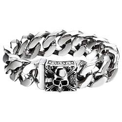 Flongo Herren-Armband Männer Armband Groß Panzerkette, Breit Edelstahl Armband Cuban Curb Kette Fahrradkette Silber Totenkopf Schädel Motorradfahrer Biker Herren-Accessoires von Flongo