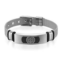 Flongo Herren-Armband Männer Armreif, Edelstahl Armband für Männer Armreif Baum des Lebens Tree of Life Lebensbaum Mesh Band Kette Armkette Silber Schwarz Verstellbar von Flongo