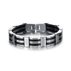 Flongo Herren Armband Männer Armreif Kautschuk Gummi Armband Armreif Manschette Link Handgelenk Silber Schwarz Kruzifix Kreuz Muster Retro Herren von Flongo