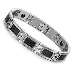 Flongo Herren Armband Magnetarmband 11mm Kohlenstoff-Faser Energie magnetischen Stein Edelstahl Armbänder für Paar Wolframcarbid Wolfram Armband Armreif Magnet Geschenk für Männer Damen schwarz silber von Flongo