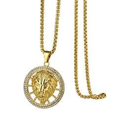 Flongo Herren Halskette mit Anhänger Gold Golden Löwenkopf Löwe Strass Medaillon Hip Hop Biker für Männer Accessoires von Flongo