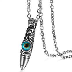 Flongo Herren-Kette Anhänger, Halskette Kette Silber Blau Patrone Geschoß Gewehrkugel Kugel Evil Eye Böse Teufel Auge Kette Retro Männer Herren-Accessoires Schmuck von Flongo