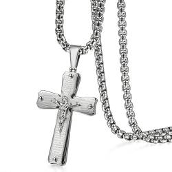 Flongo Herren-Kette Anhänger Halskette, Edelstahl Halskette Rosenkranz Kette Jesus Englisch Bibel Kreuz Kruzifix Kette Herrenkette Silber Poliert Herren Männer Accessoires von Flongo