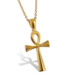 Flongo Herren-Kette Männer Anhänger Damen Halskette, Edelstahl Halskette mit Egyptian Ägyptisches Zeichen Anch o. Ankh Kreuz Kruzifix Anhänger Gold von Flongo