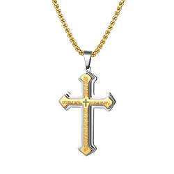 Flongo Herren-Kette Rosenkranz Männer Anhänger Kreuz Halskette aus Edelstahl Gold Golden Englische Bibel Jahrgang Poliert Herren-Accessoires von Flongo