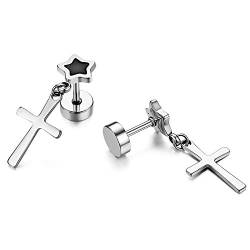 Flongo Herren Kreuz Ohrstecker Damen Ohrringe, Edelstahl Ohrhänger Ohrstecker Gestüt Stecker Ohrringe Tunnel Fakeplugs Männer Frauen Ohrschmuck Silber Gold Schwarz Stern Form von Flongo