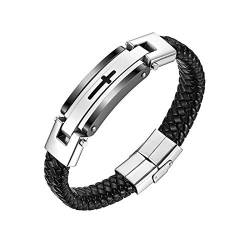 Flongo Herren Lederarmband Männer Herrenarmband, Edelstahl Leder Armband Armreif Lederarmband Manschette Silber Schwarz Kreuz Motorradfahrer Biker Gotik Herren-Accessoires von Flongo