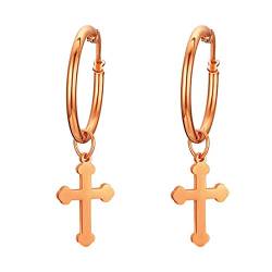 Flongo Herren Ohrstecker Creolen Damen Ohrringe, Rose Gold Stecker mit Kreuz Anhänger Jahrgang für Männer, Frauen von Flongo