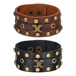 Flongo Herrenarmband Männer Armband Lederarmband, Groß breit Leder Armband Armreif mit Bronze Nieten Braun Schwarz Herren-Accessoires Punk Rock Biker Größen verstellbar 2 Stück von Flongo